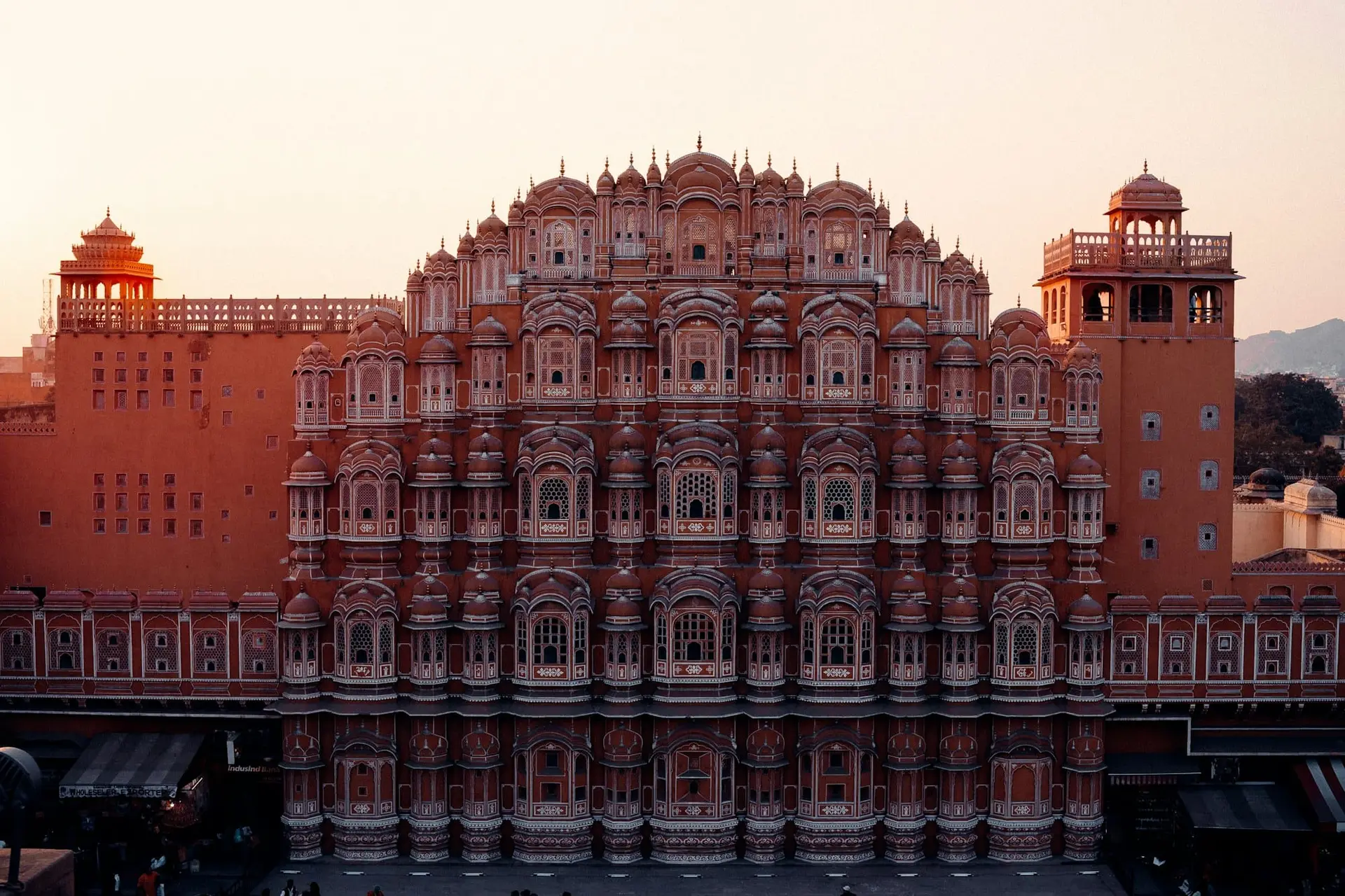 The pink honeycomb facade of Hawa Mahal in Jaipur's old city